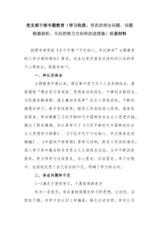 党支部干部专题教育（学习收获、存在的突出问题、问题根源剖析、今后的努力方向和改进措施）检查材料.docx