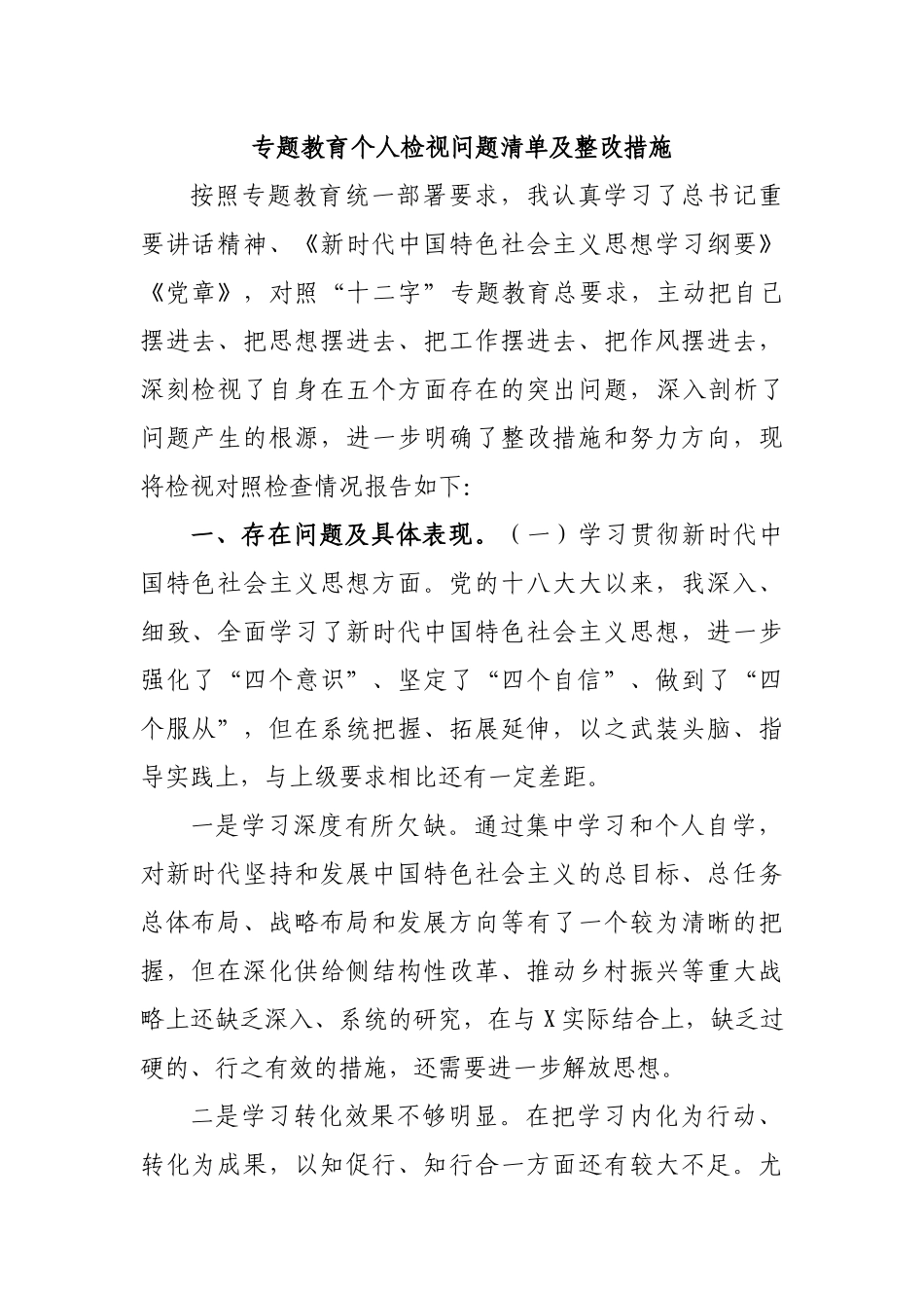 专题教育个人检视问题清单及整改措施.docx_第1页