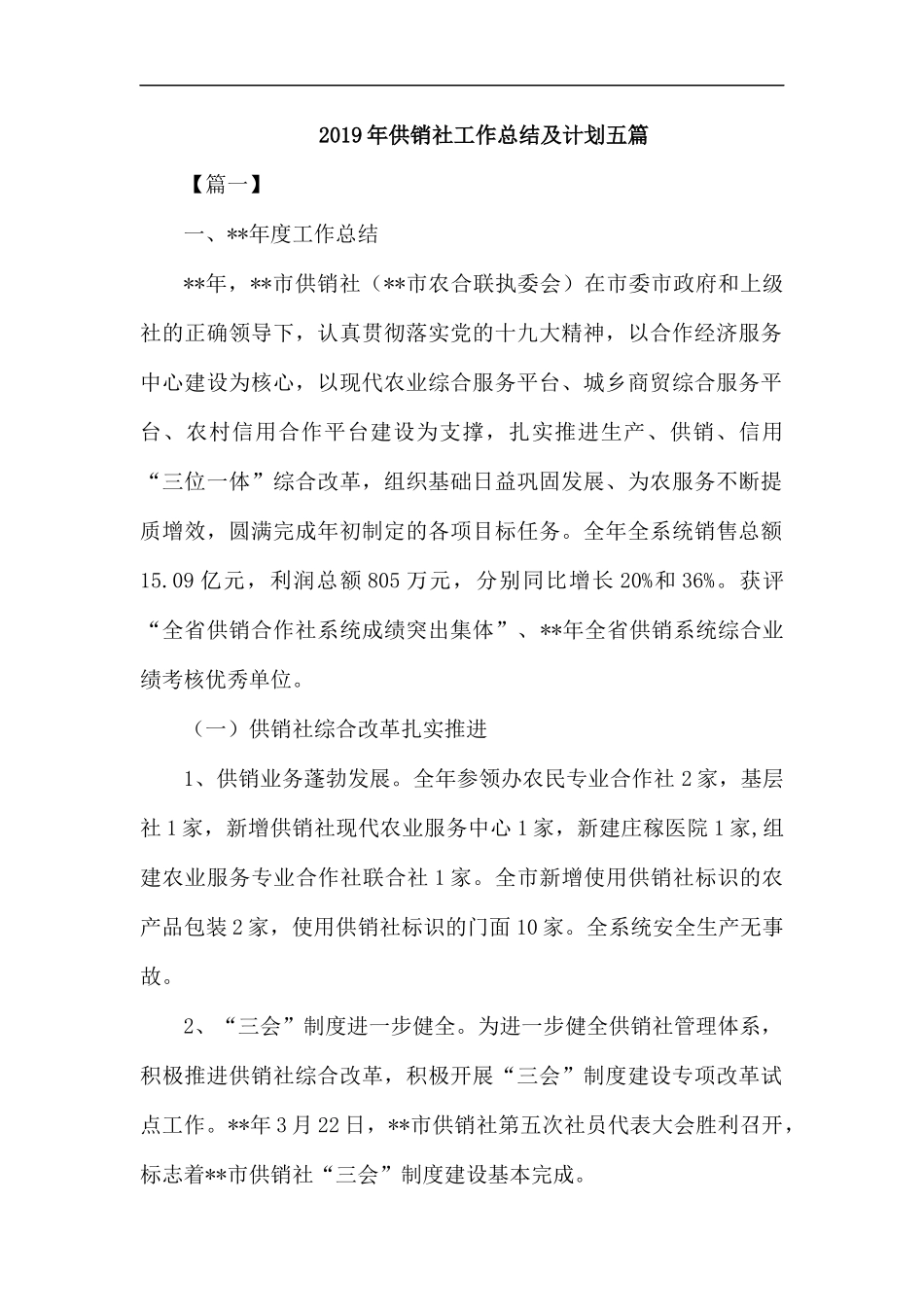 2019年供销社工作总结及计划五篇.docx_第1页