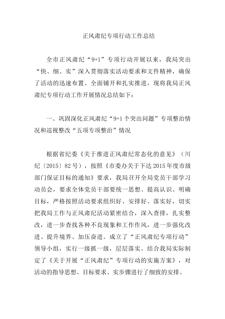 正风肃纪专项行动工作总结.docx_第1页