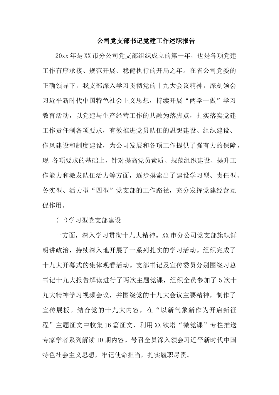 公司党支部书记党建工作述职报告.docx_第1页