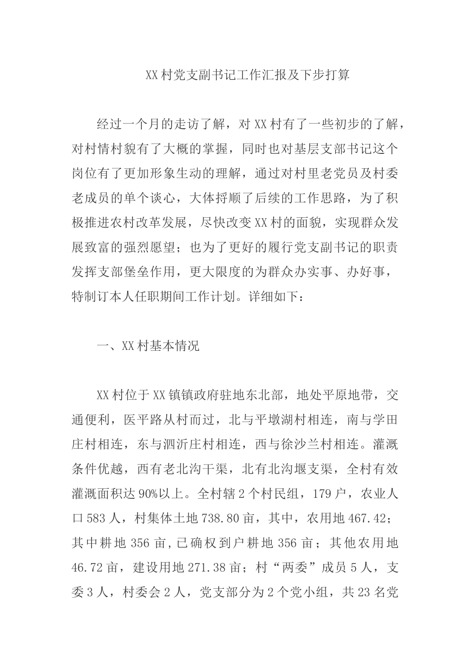 XX村党支副书记工作汇报及下步打算.docx_第1页