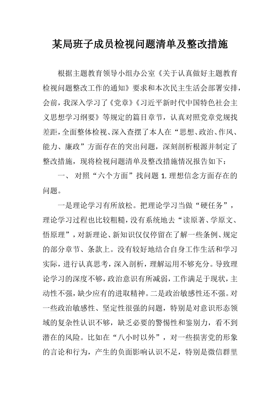 某局班子成员检视问题清单及整改措施.doc_第1页