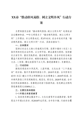 XX市“推动移风易俗、树立文明乡风”行动方案推动移风易俗树立文明乡风行动方案.doc