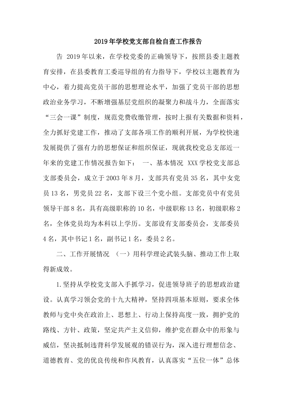 2019年学校党支部自检自查工作报告.docx_第1页