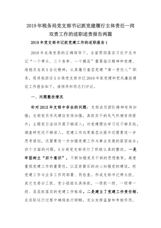 2019年税务局党支部书记抓党建履行主体责任一岗双责工作的述职述责报告两篇.docx