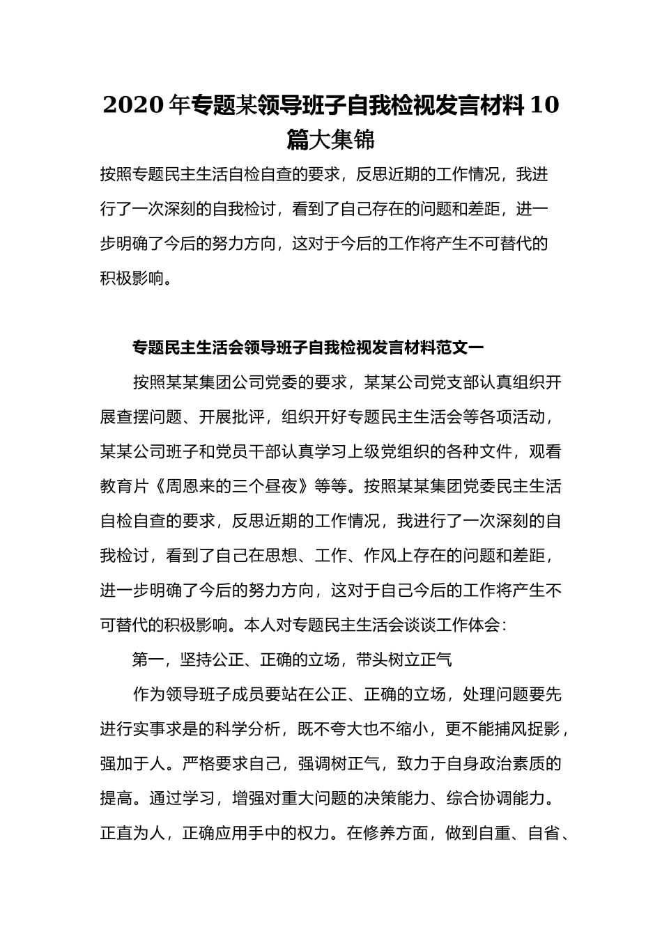 2020年专题某领导班子自我检视发言材料10篇大集锦.docx_第1页