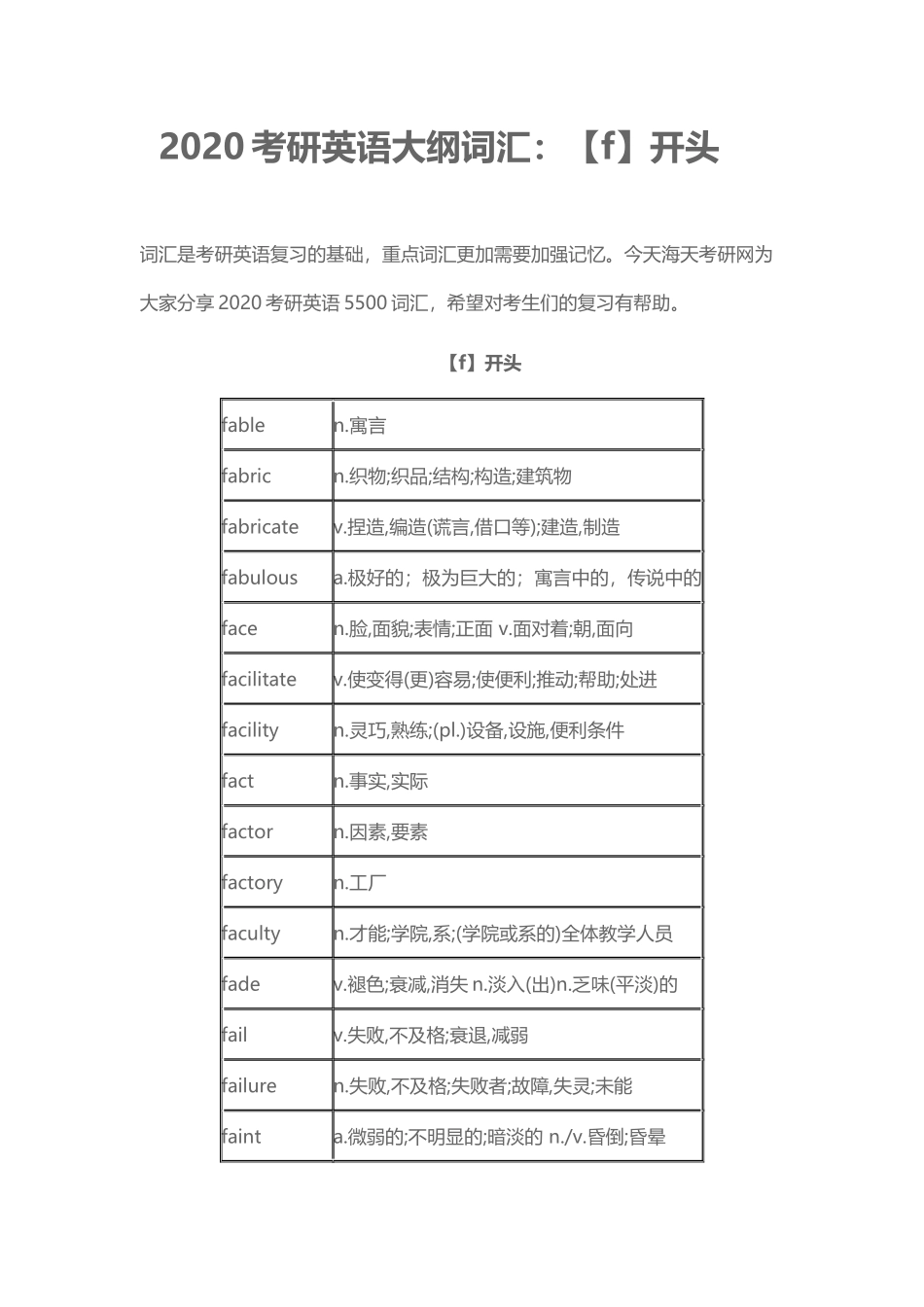 20XX考研英语大纲词汇：【f】开头.docx_第1页