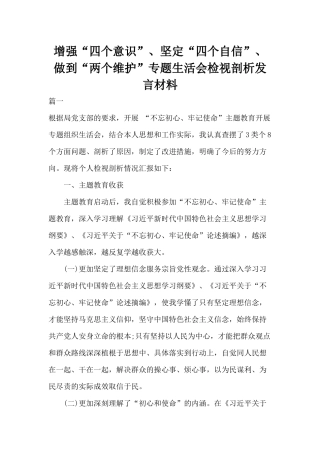 增强“四个意识”、坚定“四个自信”、做到“两个维护”专题生活会检视剖析发言材料.docx