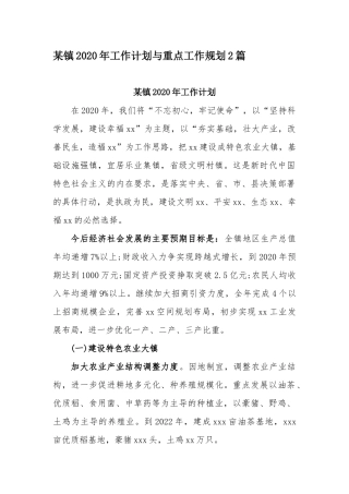 某镇2020年工作计划与重点工作规划2篇.docx