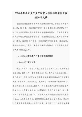 2020年某企业复工复产和重大项目推进情况汇报2500字文稿.docx