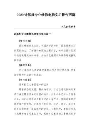 2020计算机专业维修电脑实习报告两篇.docx