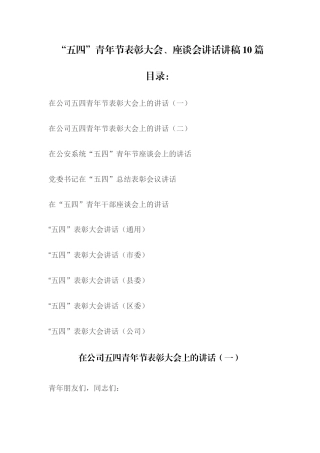 “五四”青年节表彰大会、座谈会讲话讲稿10篇.docx