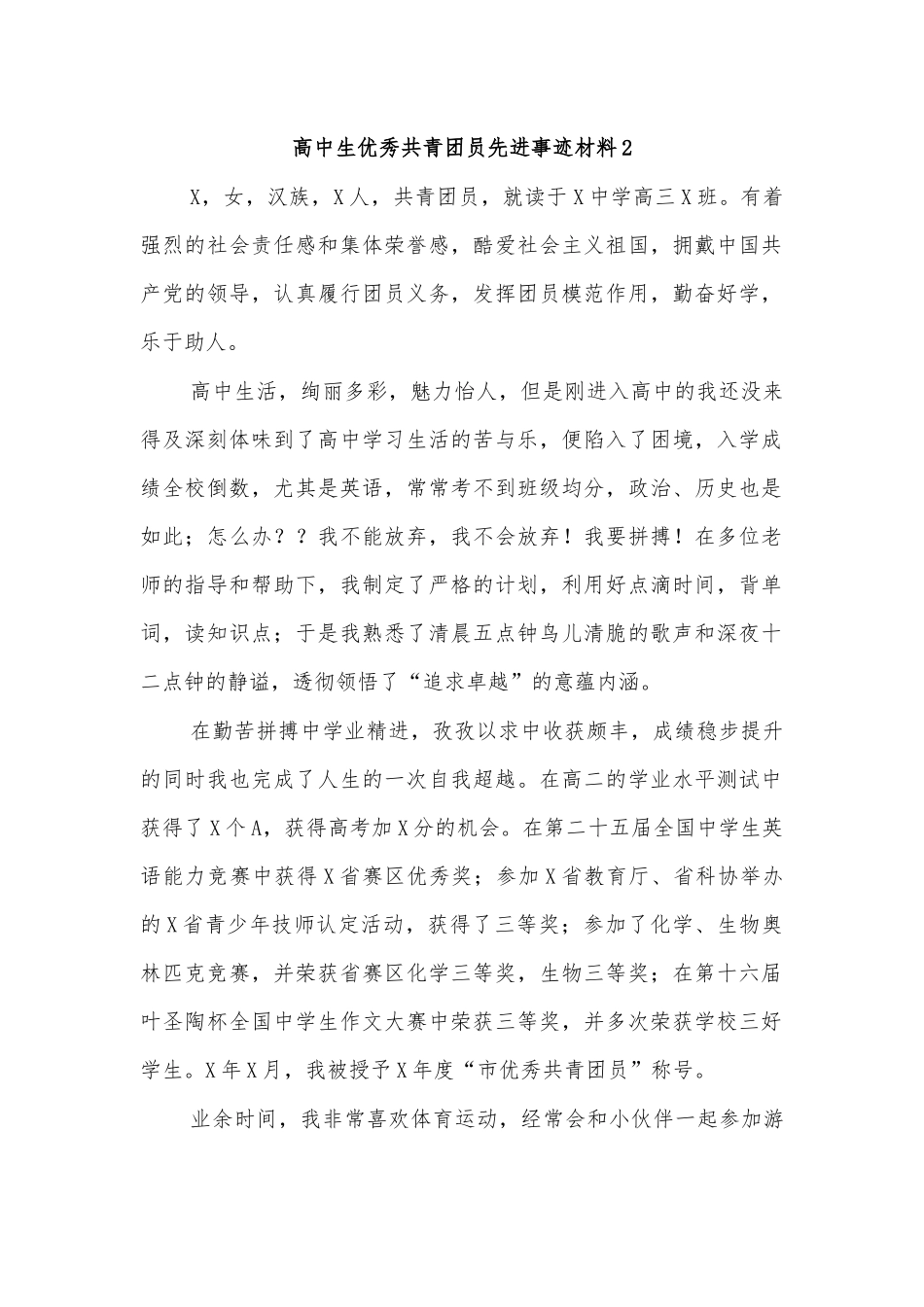 高中生优秀共青团员先进事迹材料2.docx_第1页