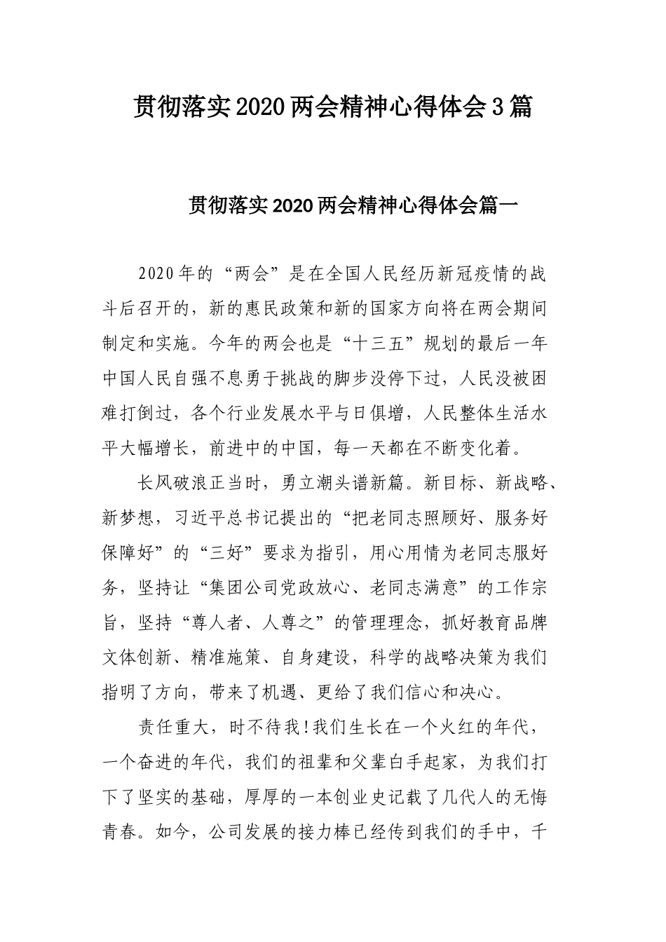 贯彻落实2020两会精神心得体会3篇.docx_第1页