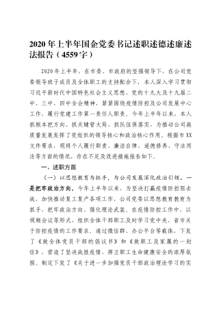 2020年上半年国企党委书记述职述德述廉述法报告（4559字）.docx
