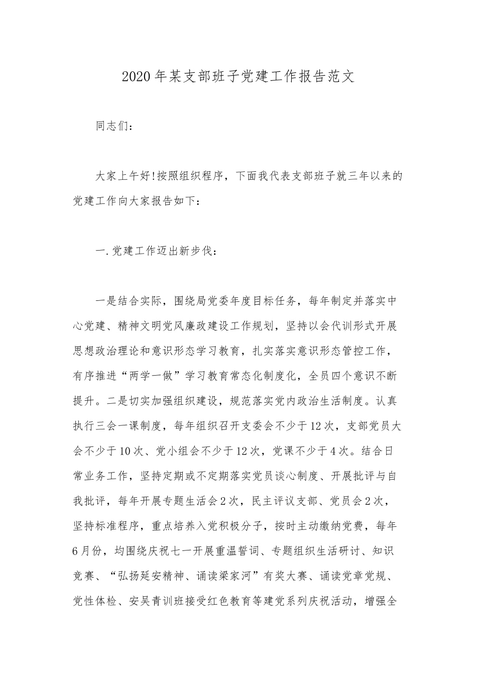 2020年某支部班子党建工作报告范文.docx_第1页