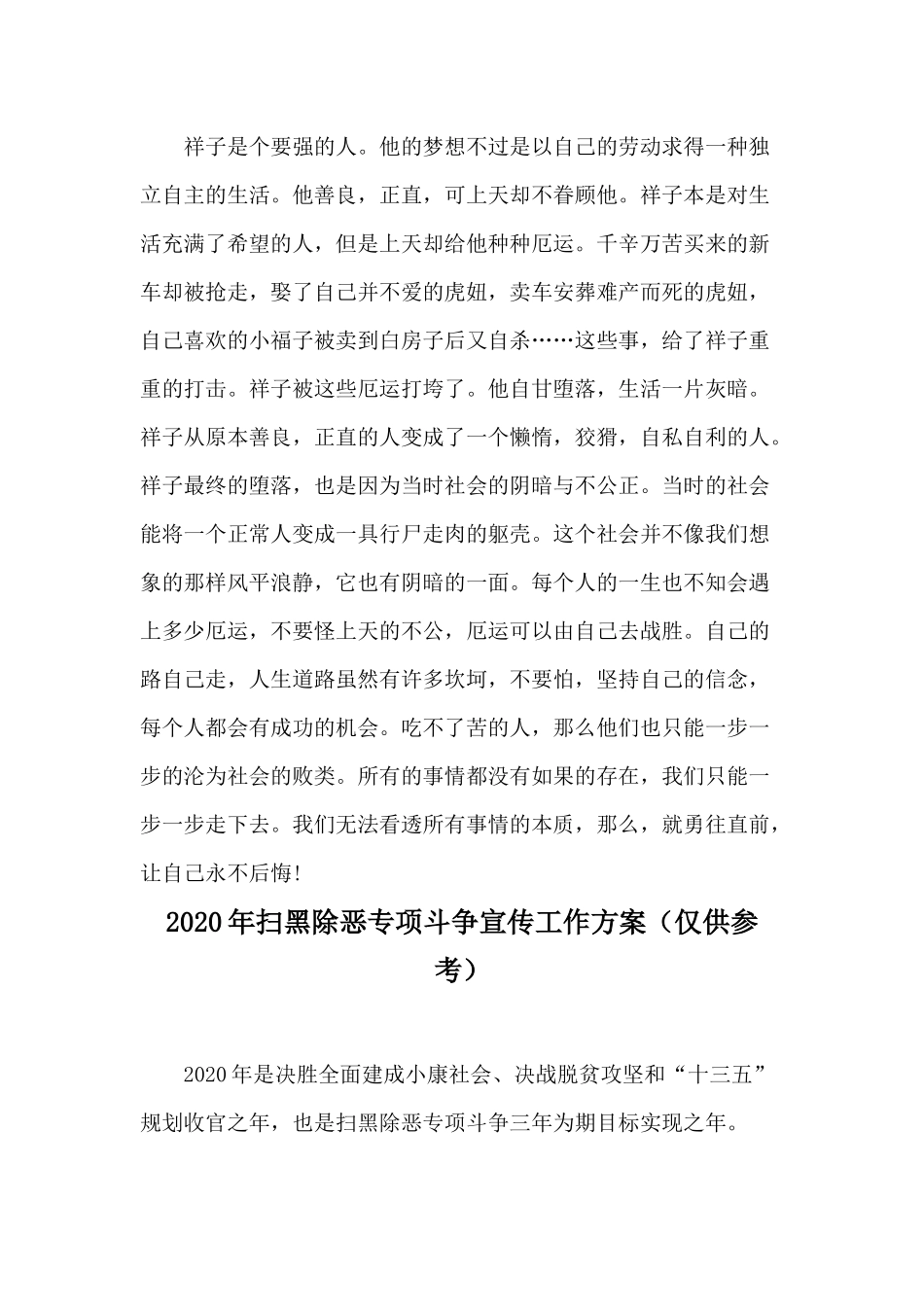 《骆驼祥子》读后感与2020年扫黑除恶专项斗争宣传工作方案两篇.docx_第2页