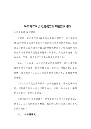 2020年XXX公司巡视工作专题汇报材料.docx
