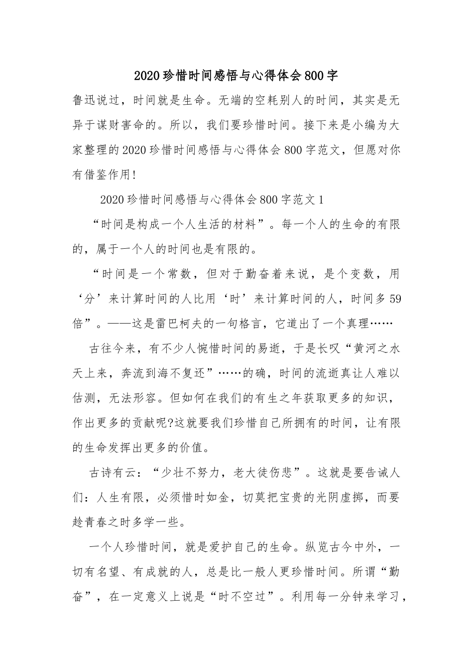 2020珍惜时间感悟与心得体会800字.docx_第1页
