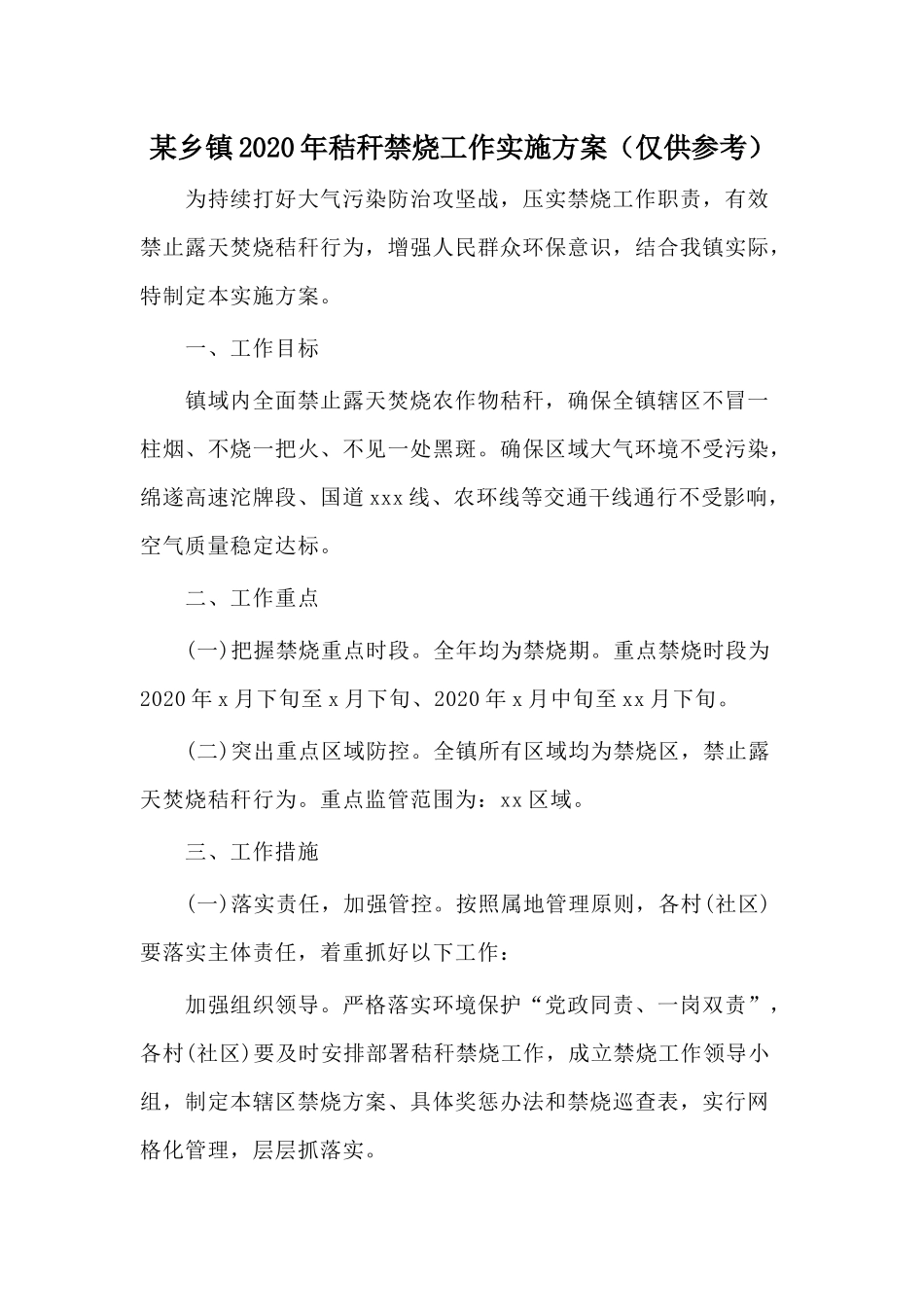 某乡镇2020年秸秆禁烧工作实施方案（仅供参考）.docx_第1页
