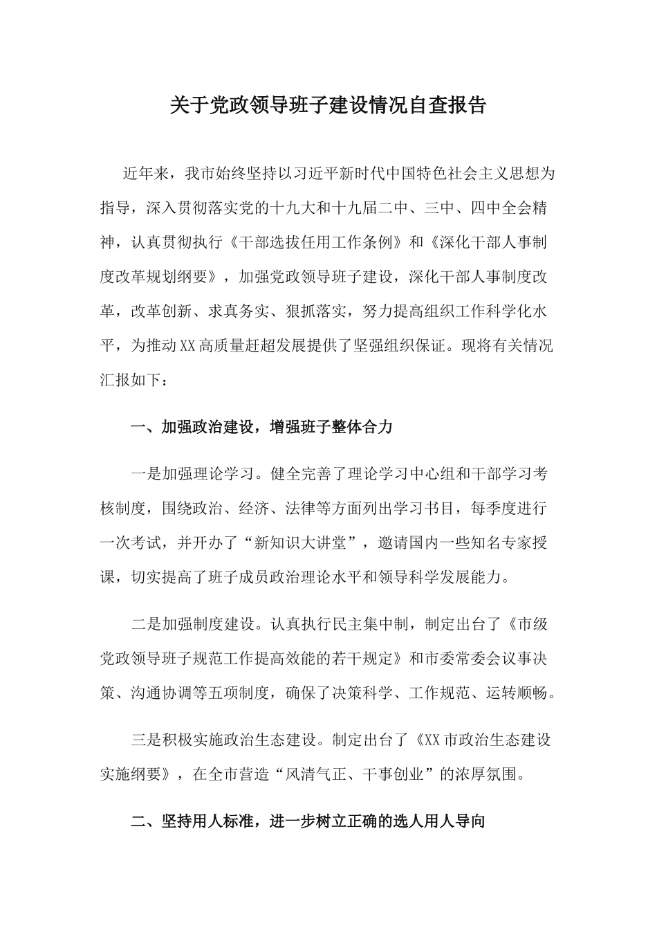 关于党政领导班子建设情况自查报告.docx_第1页