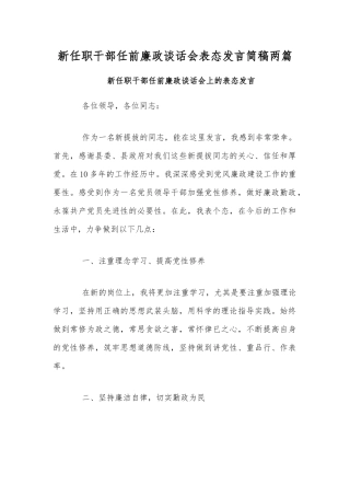 新任职干部任前廉政谈话会表态发言简稿两篇.docx