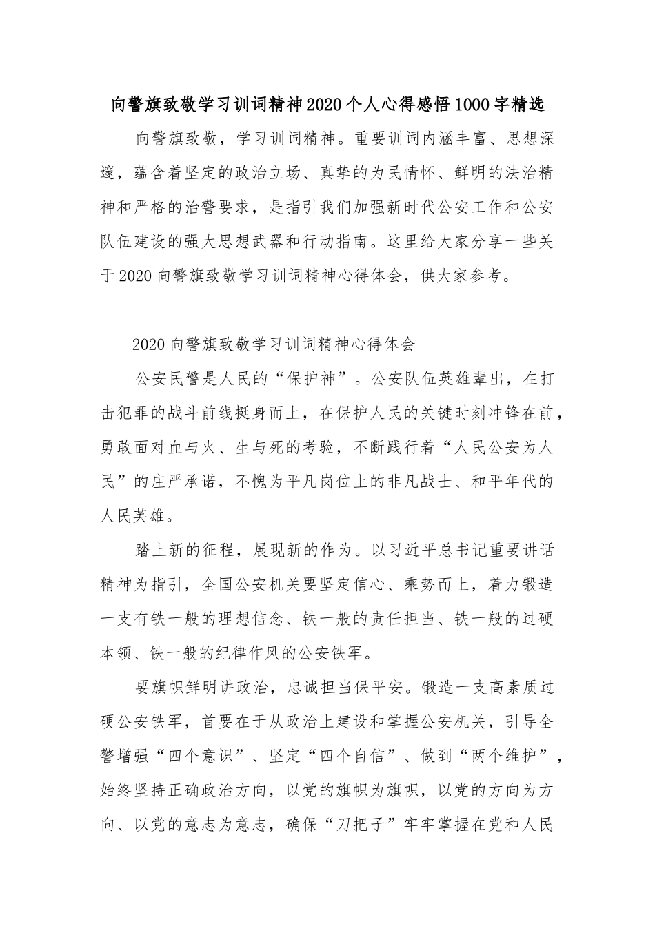 向警旗致敬学习训词精神2020个人心得感悟1000字精选.docx_第1页