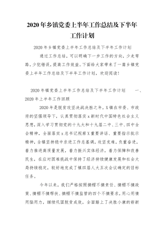 2020年乡镇党委上半年工作总结及下半年工作计划.doc