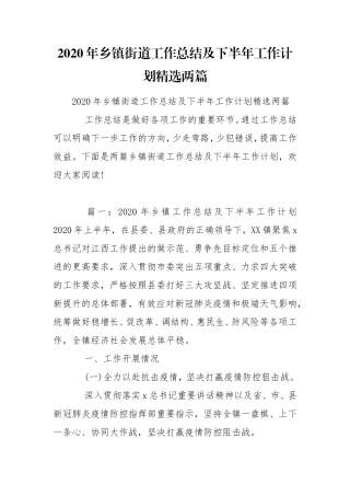 2020年乡镇街道工作总结及下半年工作计划精选两篇.doc