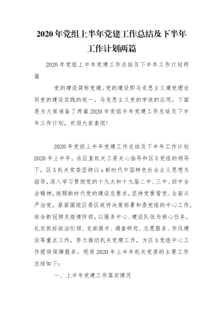 2020年党组上半年党建工作总结及下半年工作计划两篇_1.doc