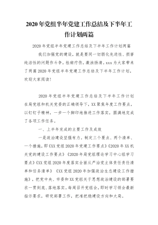 2020年党组半年党建工作总结及下半年工作计划两篇.doc