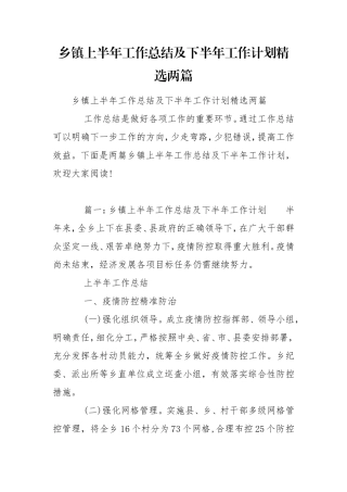 乡镇上半年工作总结及下半年工作计划精选两篇.doc