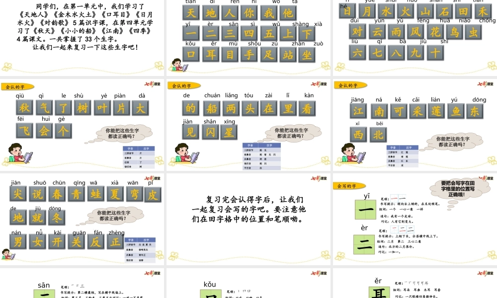 部编人教版一年级语文上册期末总复习第一、四单元生字专项复习教学设计课件PPT.ppt