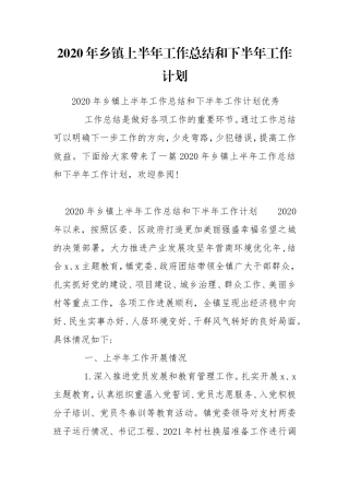 2020年乡镇上半年工作总结和下半年工作计划.doc