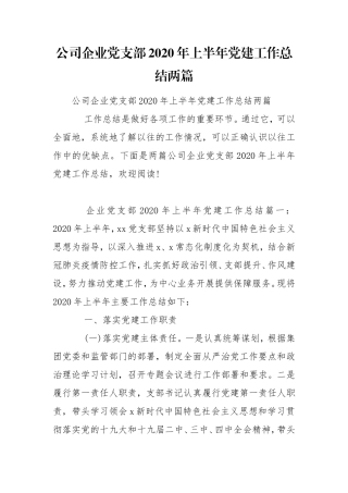 公司企业党支部2020年上半年党建工作总结两篇.doc