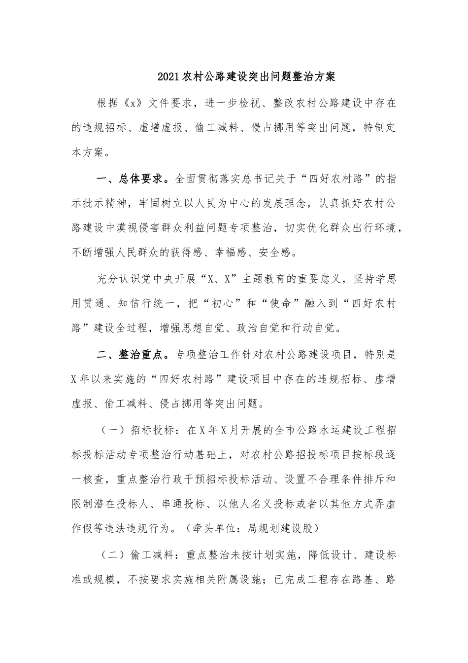2021农村公路建设突出问题整治方案.docx_第1页