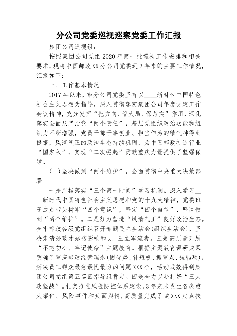 分公司党委巡视巡察党委工作汇报.doc_第1页