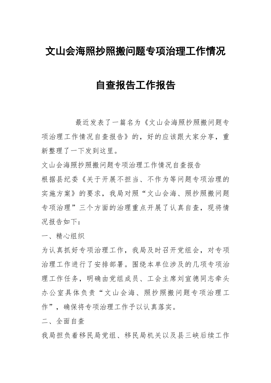 文山会海照抄照搬问题专项治理工作情况自查报告工作报告.docx_第1页