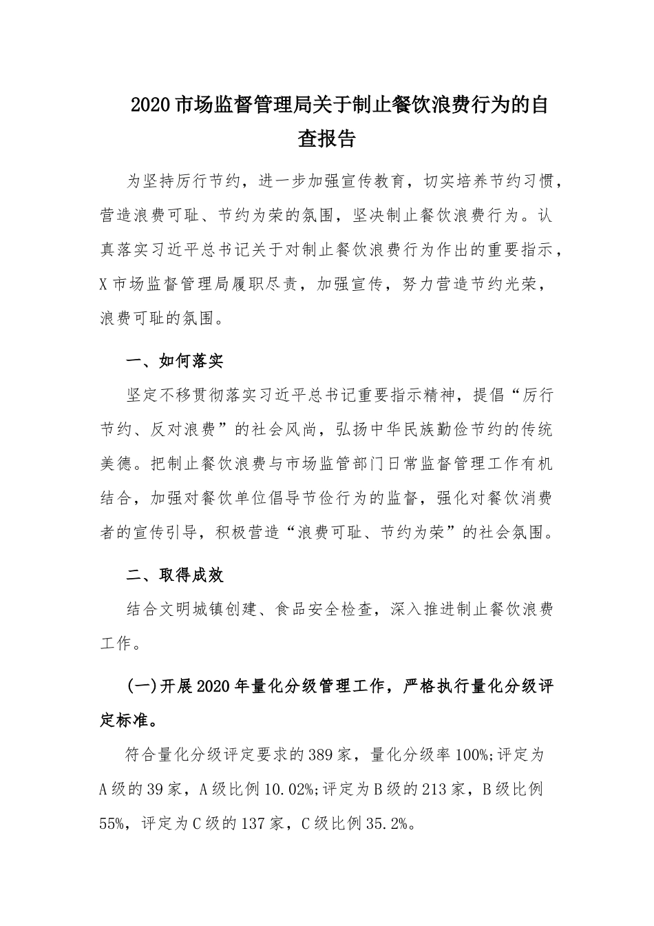 2020市场监督管理局关于制止餐饮浪费行为的自查报告.docx_第1页