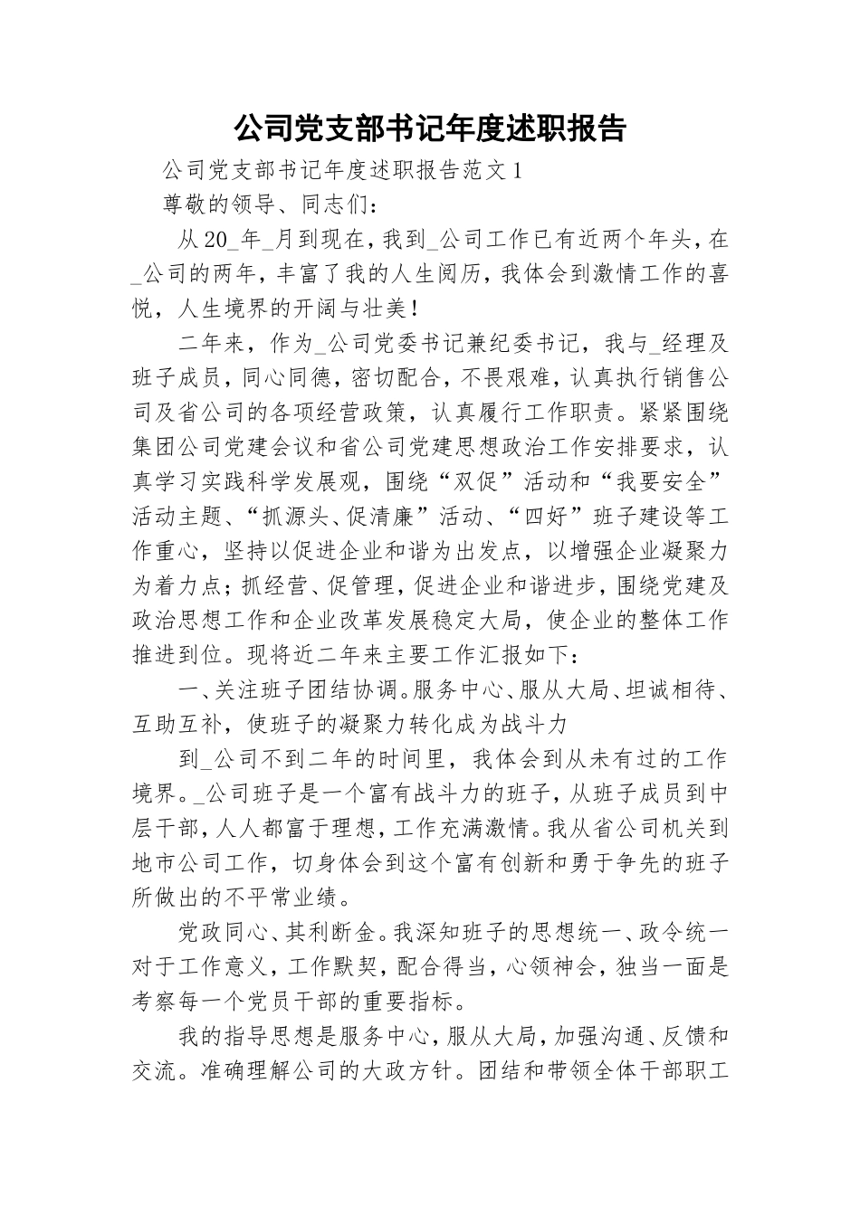 公司党支部书记年度述职报告.doc_第1页