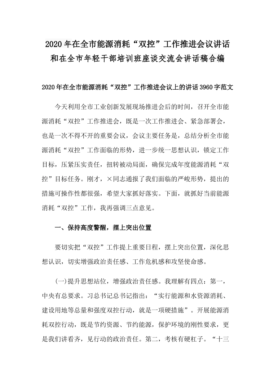 2020年在全市能源消耗“双控”工作推进会议讲话和在全市年轻干部培训班座谈交流会讲话稿合编.docx_第1页