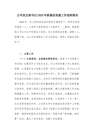 公司党支部书记2020年抓基层党建工作述职报告.docx