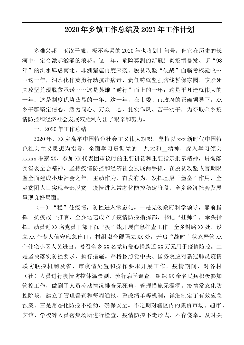 2020年乡镇工作总结及2021年工作计划.docx_第1页