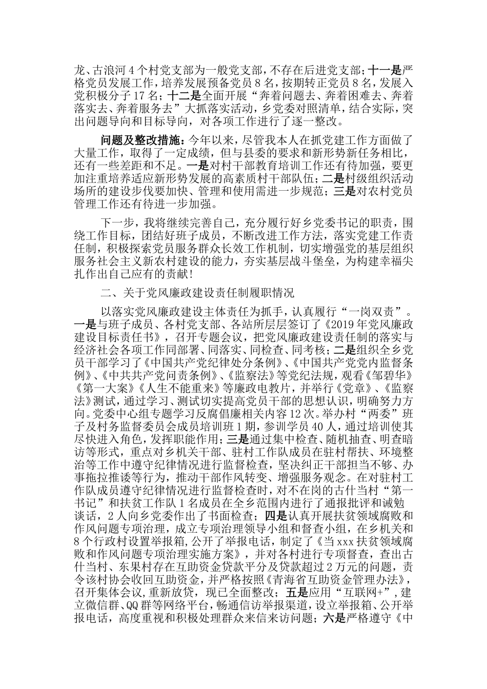 国土所负责人履职尽责情况汇报+2019年乡镇党委书记专项报告和述职两篇.doc_第2页