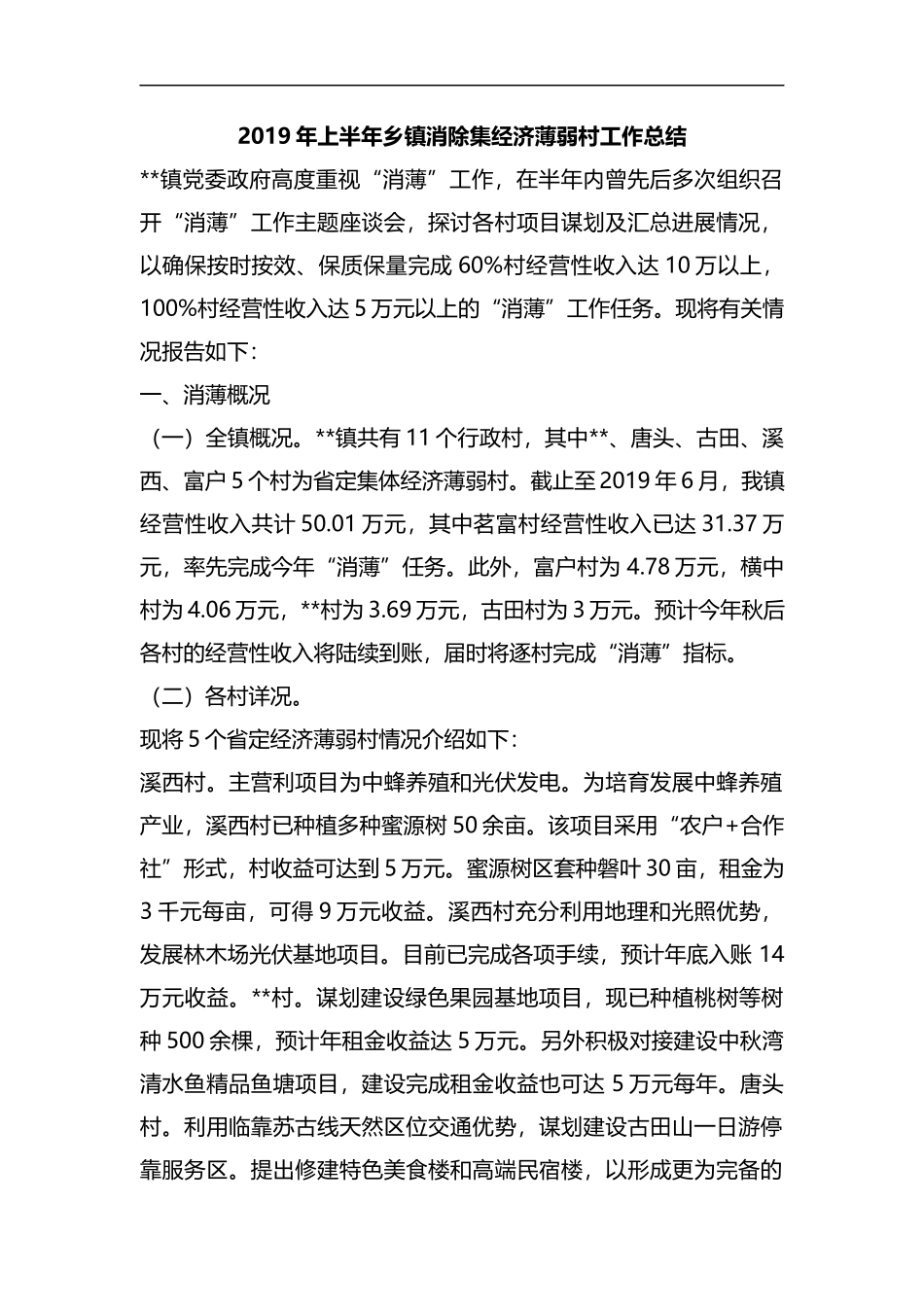 2019年上半年乡镇消除集经济薄弱村工作总结.docx_第1页