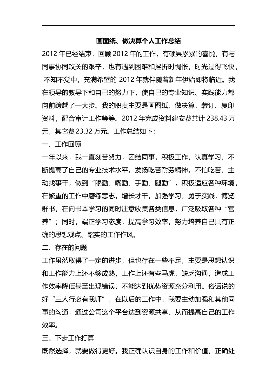 整理画图纸、做决算个人工作总结.docx_第1页