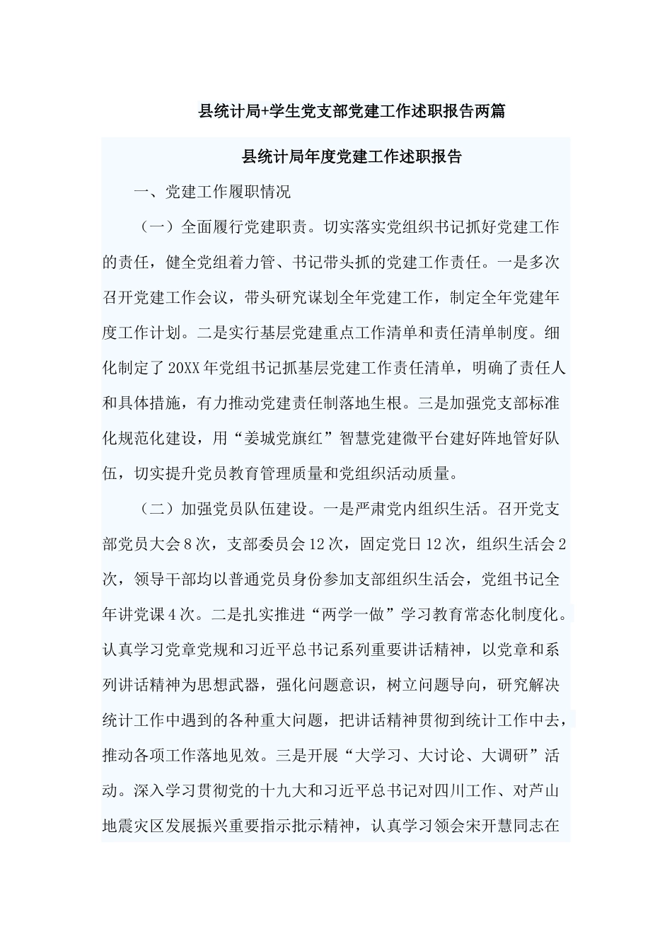 县统计局+学生党支部党建工作述职报告两篇.docx_第1页