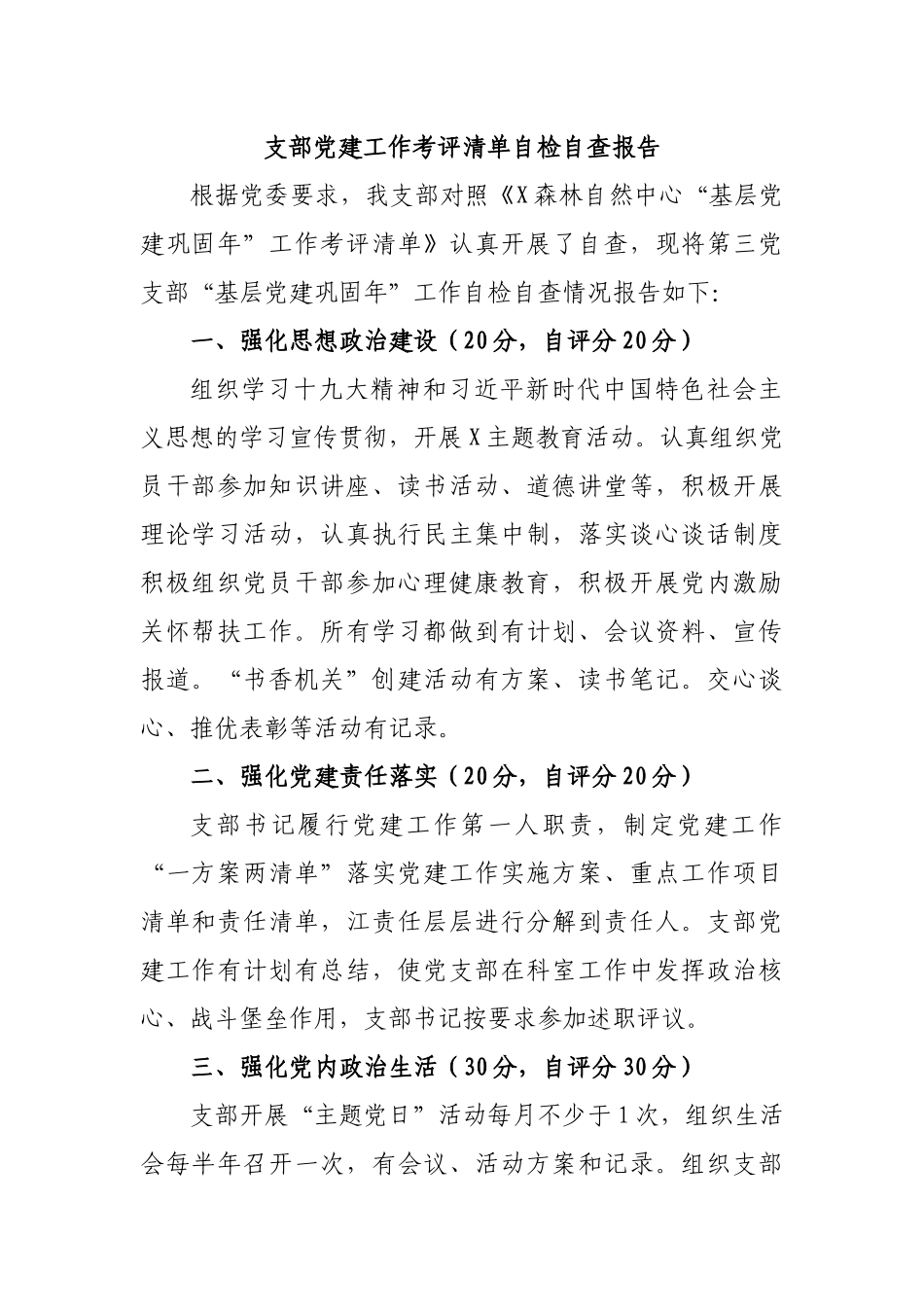 支部党建工作考评清单自检自查报告.docx_第1页