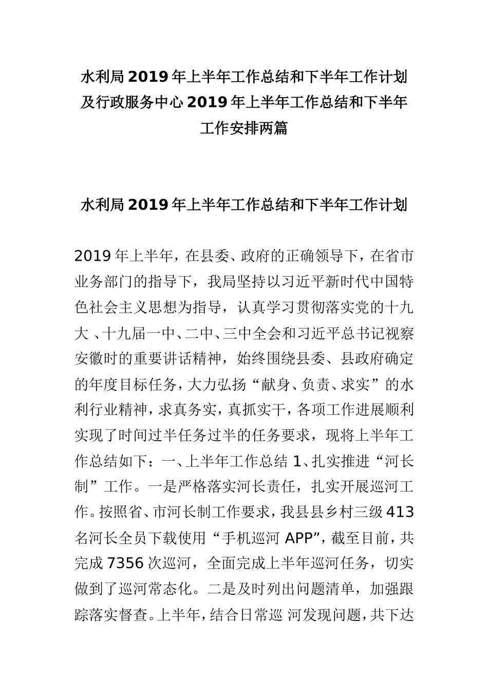 水利局2019年上半年工作总结和下半年工作计划及行政服务中心2019年上半年工作总结和下半年工作安排两篇.doc_第1页